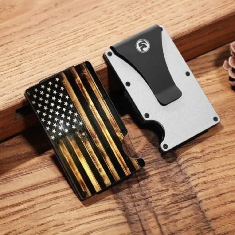 New Front Pocket Slim Money Clip Wallet for Men, Wood American Flag-Gray